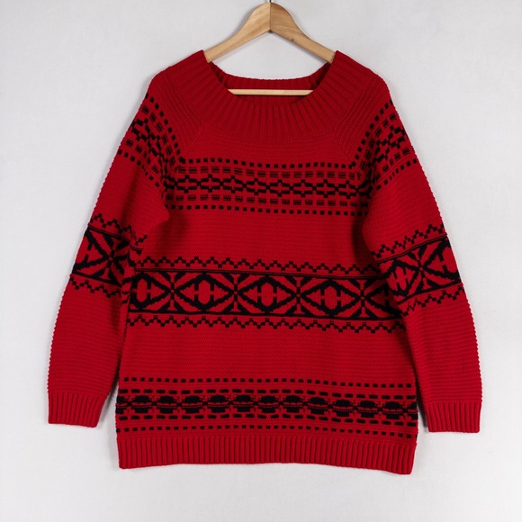 Chaps Sweater Womens Large Red Black Geometric Stripe Textured Pullover Casual - Picture 1 of 8